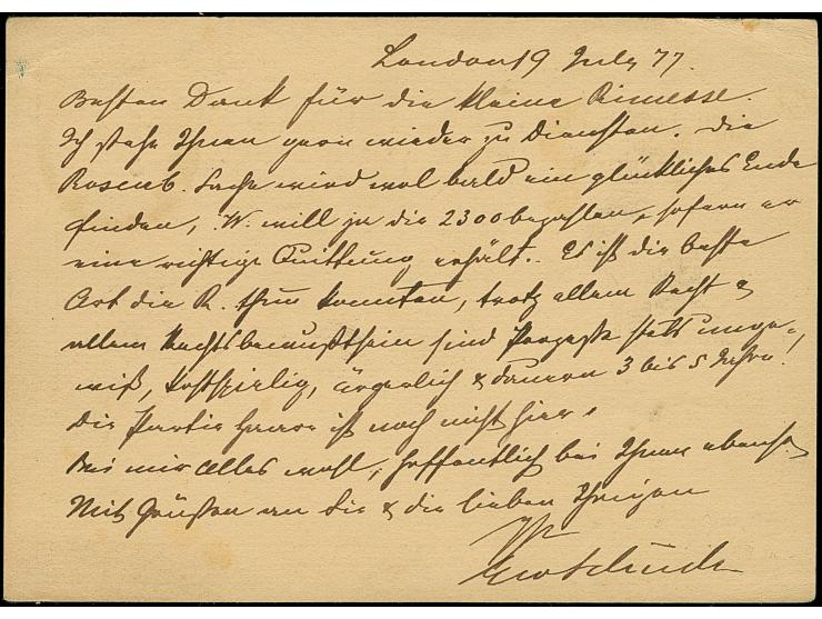 “HAMBURG. 21.JULI.77” (Spalink 17-5y) klar als Ankunftsstempel vorderseitig auf englischer Ganzsachenkarte 1 ¼ P. mit Stempel