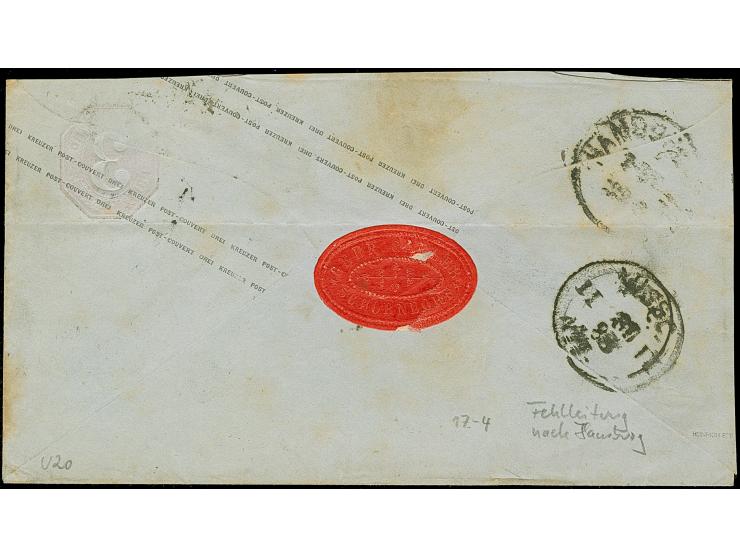 “HAMBURG I.A. 29.AUG.73” (Spalink 17-4) klar auf Wertstempel Ganzsachenumschlag Württemberg 3 Kr. mit nebengesetztem Aufgabes