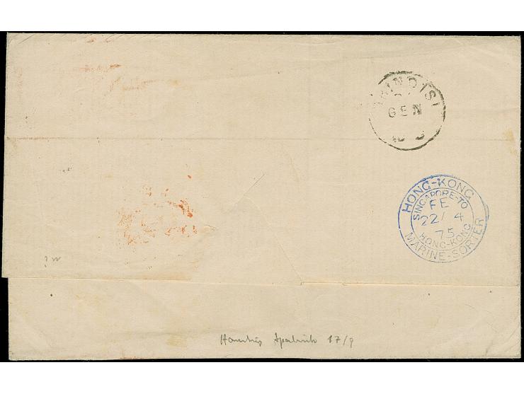 “HAMBURG 21.JAN.75” (Spalink 17-9) mehrfach klar auf großer Schild 1 und 5 Gr. sowie 3 Pfge gelblichgrün und 5 Pfge violett a