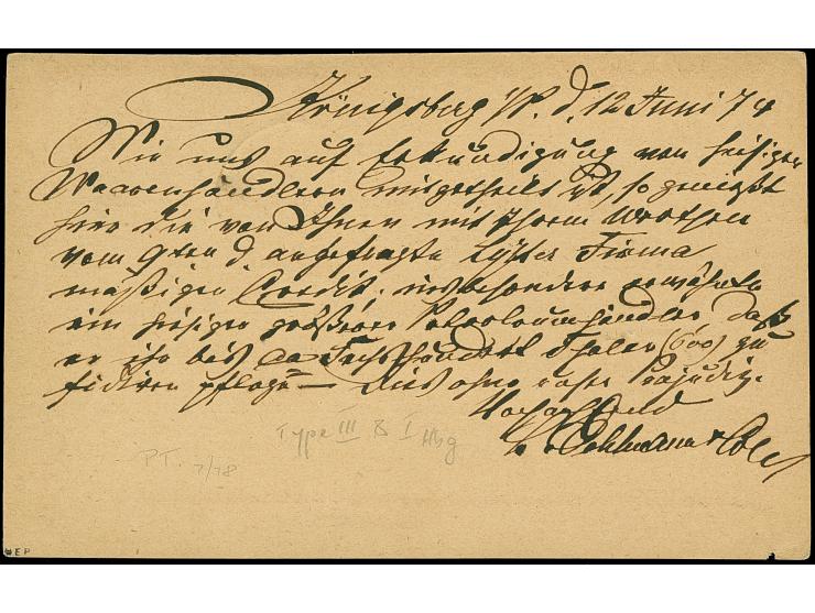 “KÖNIGSBERG i. PR. P.A. 12.JUNI.74” (Spalink 20-3) klar auf leicht verschnittener Ganzsachenkarte ½ Gr. nach Hamburg mit vord
