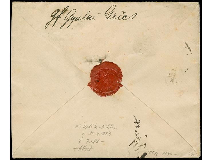 10 Kr. mittelviolettultramarin/schwarz (zwei Einzelwerte) als Zufrankatur mit 5 Kr. mittelkarmin/schwarz (2) auf eingeschrieb