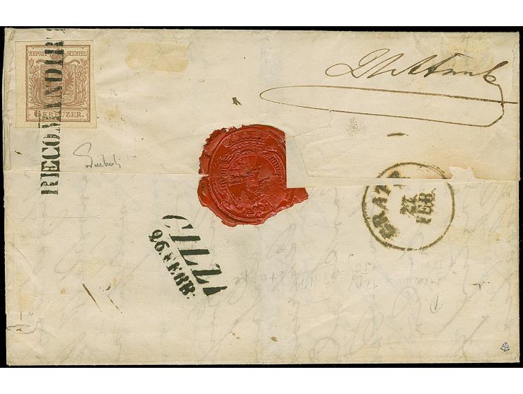 “RECOMANDIRT”, sauber auf 3 Kr. rot auf Handpapier, zwei Einzelwerte, voll- bis breitrandig, mit zusätzlichem “FRANZ 26 FEBR”