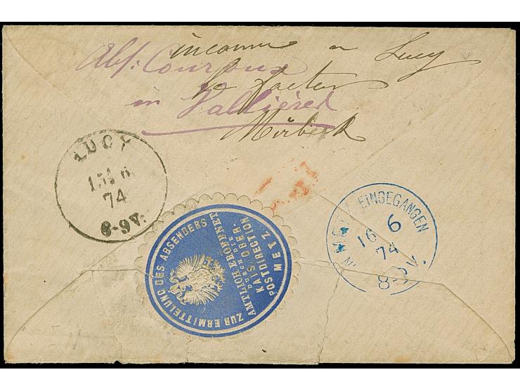 “METZ 14.JUNI.74” (Spalink 25-1N) klar auf großer Schild 1 Gr. karmin auf Briefkuvert nach Lucy mit Ankunftsstempel. Da der E