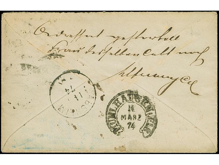 “MÜHLHAUSEN i. ELS. 13.MÄRZ.74” (Spalink 26-2) zweimal klar auf großer Schild 1 Gr. karmin und 2 Gr. grauultramarin als tarif