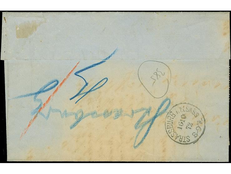 “MÜHLHAUSEN i. ELS. BHF. 15.OCTBR.72” (Spalink 26-5) zweimal klar auf kleiner Schild 1 Gr. karmin und großer Schild 2 Gr. gra