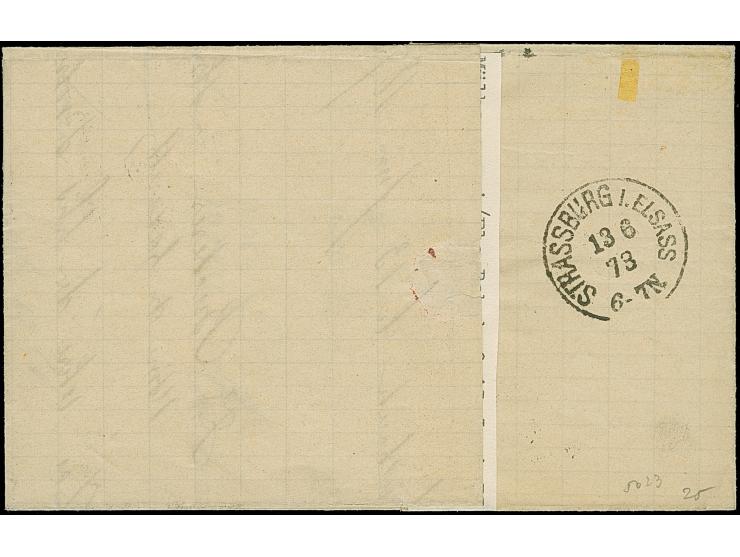 “MÜLHAUSEN i. ELS. BHF. 13.JUNI.73” (Spalink 26-6) zweimal klar auf zwei Einzelmarken kleiner Schild ½ Gr. orange, rechte Mar
