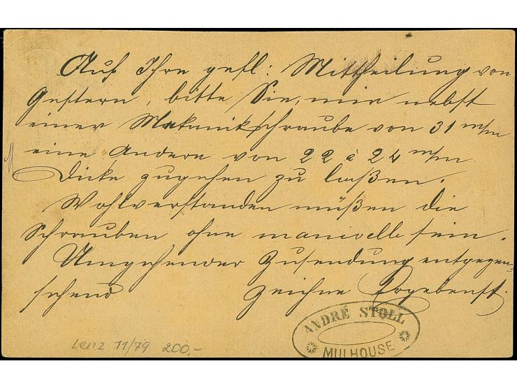 “MÜLHAUSEN i. ELS. BHF. 6.MÄRZ.75" (Spalink 26-6) mehrfach klar auf Ganzsachenkarte ½ Gr. mit tarifgerechter Zufrankatur 5 Pf