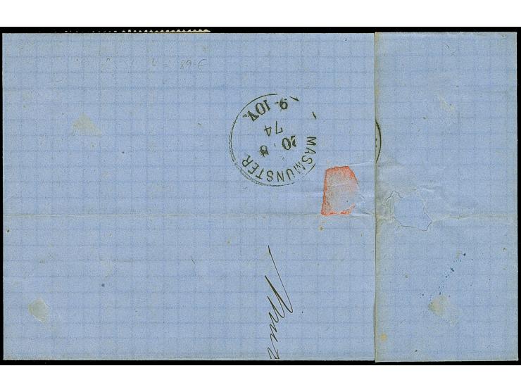 “MÜLHAUSEN i. ELS.BHF. 19.AUG.74” (Spalink 26-9) zweimal sehr klar auf senkrechtem Paar großer Schild ½ Gr. orange als tarifg