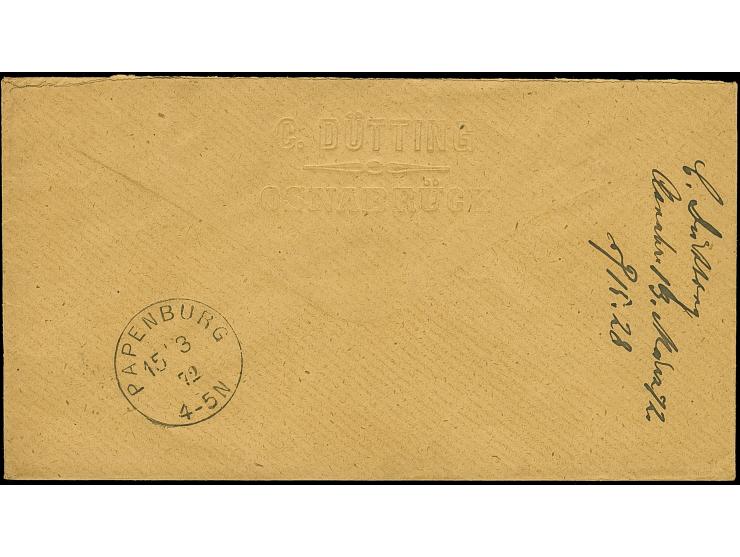 “OSNABRÜCK 15.MÄRZ.72” (Spalink 30-2) klar auf kleiner Schild 1 Gr. karmin auf Briefkuvert nach Papenburg mit Ankunftsstempel