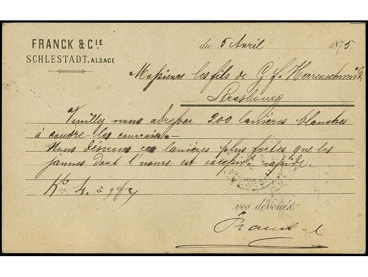 “SCHLETTSTADT 6.APRIL75” (Spalink 33) klar auf 5 Pfge violett auf privat gedruckter Firmenpostkarte nach Straßburg mit vorder