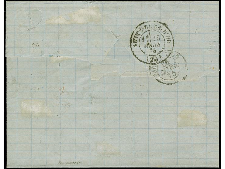“STRASSBURG i. ELS. 25.MARZ.75” (Spalink 36-1N) zweimal klar auf großer Schild 2 Gr. grauultramarin und 10 Pfge mattrosa als 
