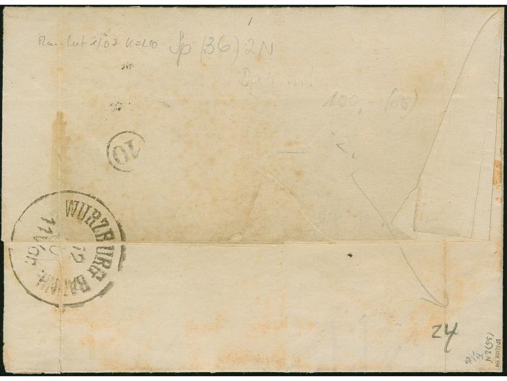 “STRASSBURG i. ELS. BHF. 11.OCTBR.75” (Spalink 36-2N) klar auf 10 Pfge. dunkelkarmin auf komplettem Faltbrief nach Würzburg m