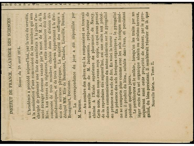 “STRASSBURG I. ELS. APRIL 74” (Spalink 36-6) ohne Tagesdatum zweimal klar auf der 1. Seite der Zeitung “L'Institut” vom 22.4.