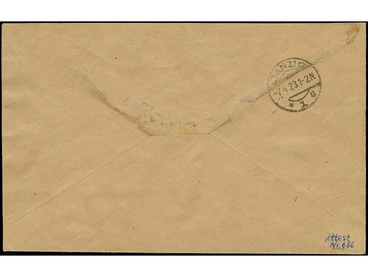 Großes Staatswappen 10 M. mit Wasserzeichen 2Y, sauber mit Stempel “DANZIG *1h 7.4.23” als tarifgerechte Einzelfrankatur auf 