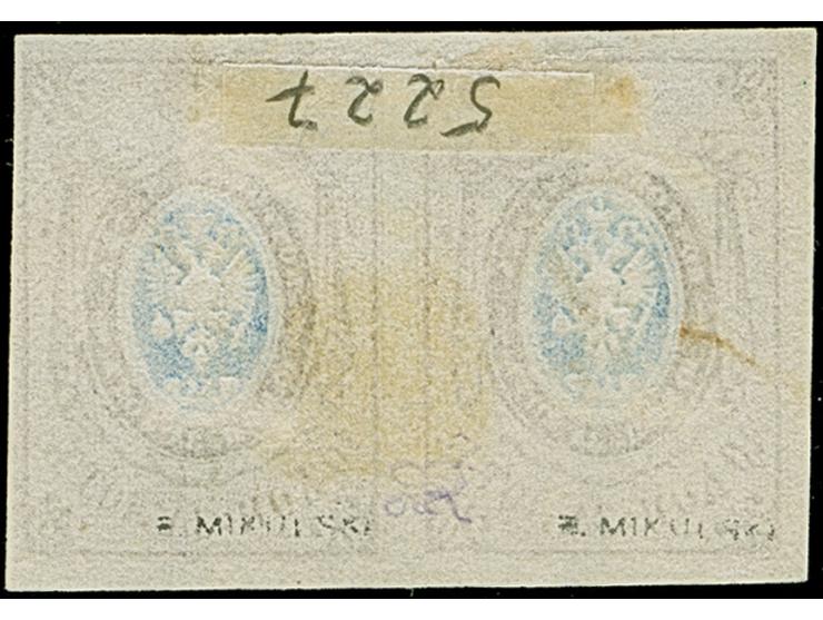 10 kopeck brown &amp; blue, horizontal pair with mostly wide margins, just touched at upper right, used with pen crosses. Lef