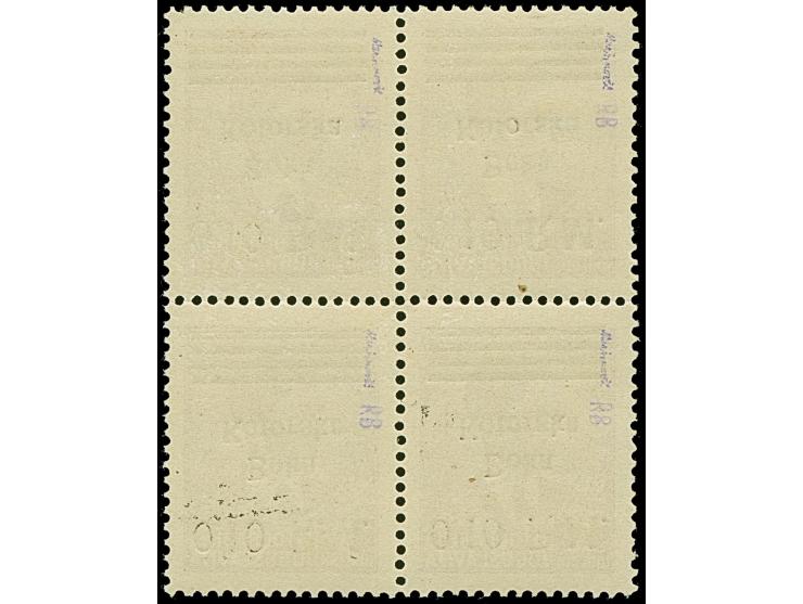 1944, 0,10 M. mit kopfstehendem Aufdruck, Viererblock von den Aufdruckfeldern 19-20 sowie 29-30, postfrisch, tadellos, teils 