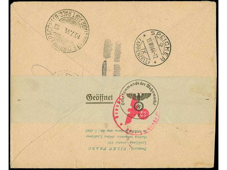 1944, Flugpost 25C.-10L. mit Stempel “LAIBACH -9.VII.44 10” auf zensiertem Express-R-Brief nach Speicher, rückseitig Transit-