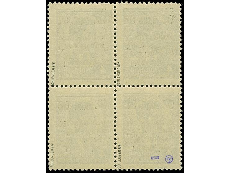 1943, 20 L. mit kopfstehendem Aufdruck, Viererblock, dabei die linke obere Marke mit Aufdrucktype III, die anderen in Aufdruc