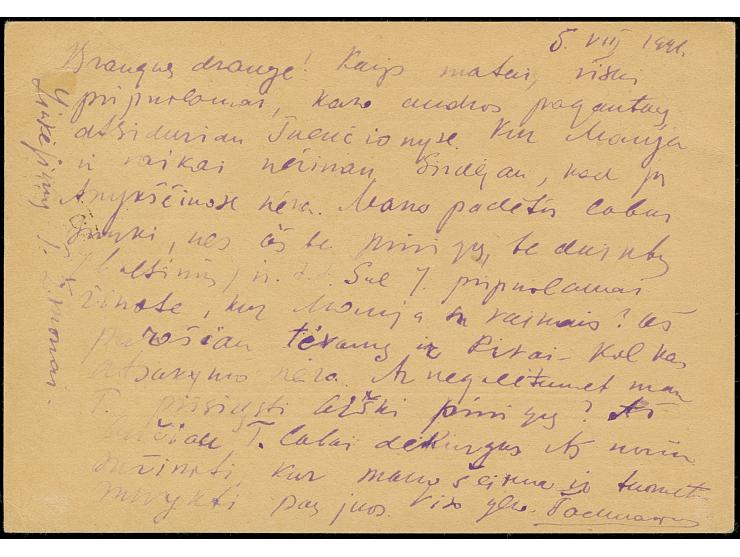 1941, Arbeiter 10 K. mit kyrillischem Stempel “SVENVIONYS -6.VIII.41” als tarifgerechte Zufrankatur auf Sowjetischer Ganzsach