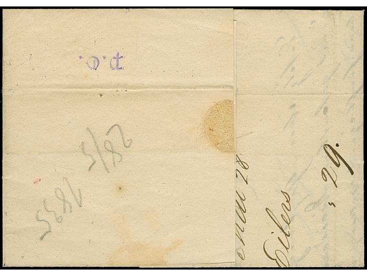 “ZETEL” handschriftlicher Aufgabevermerk auf komplettem Faltbrief (datiert Zetel 28.5.1835) mit schwarzem L2 “NEUENBURG MAY 2