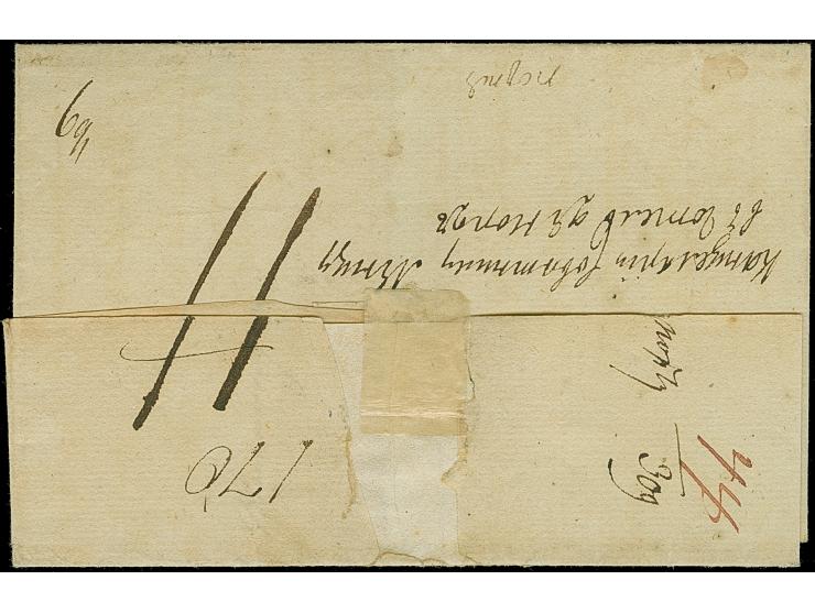 "P.129.P" OLDENBOURG" roter L2 klar auf Faltbriefhülle mit Leitvermerk “frco Lentzen” nach St. Petersburg, rückseitig mit Kar