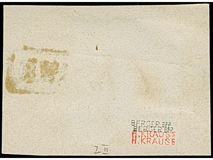 “OVELGÖNNE 20/3” in schwarz klar auf 1/30 Th. auf blau in Type II auf Briefstück. Die farbfrische Marke ist allseits breitran