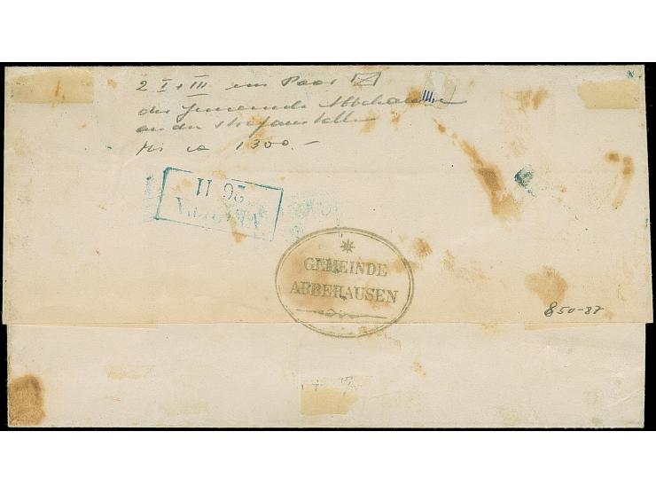 “ABBEHAUSEN” blauer L1 zweimal klar als Entwerter auf senkrechtem Typenpaar 1/30 Th. auf blau in Type I und III (oben) auf Fa