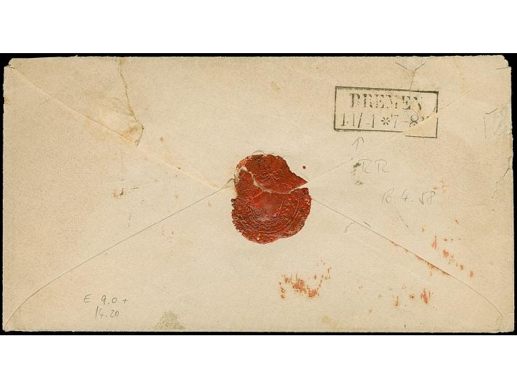 1/30 Th. auf blau, Type III, allseits voll- bis breitrandig geschnitten mit blauem Rahmenstempel “ATENS 13.4.” auf Briefkuver