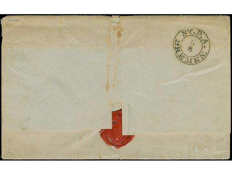 “ATENS”, blauer L1 auf allseits voll- bis breitrandiger 1/30 Th. auf blau, Type III auf Briefhülle mit weiterem Abschlag des 