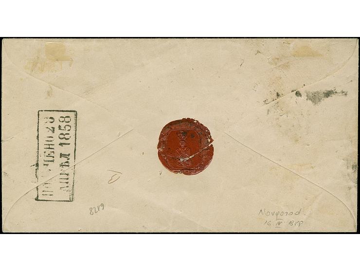 NOVGOROD: 10 kopeck brown &amp; blue, good to large &nbsp;margins, tied by boxed pre-philatelic "NOVGOROD 16 APR"(1858) to en