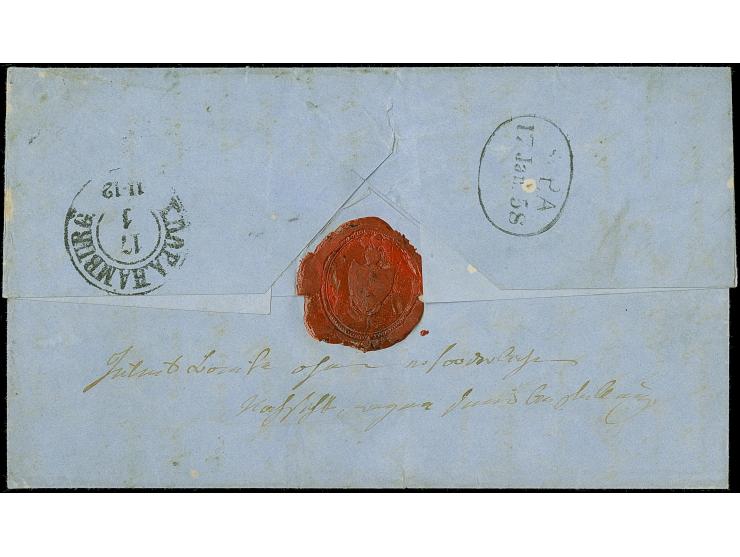 1/15 Th. auf rosa, Type I mit blauem Rahmenstempel “VAREL 15.1.(58)” auf komplettem Faltbrief via Hamburg nach Rantzsau (Herz