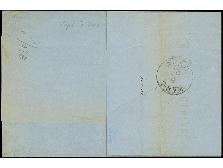 1/10 Th. auf hellolivgelb, farbfrisch und allseits vollrandig mit blauem L1 “FRANCO” auf komplettem Faltbrief mit blauem L3 “