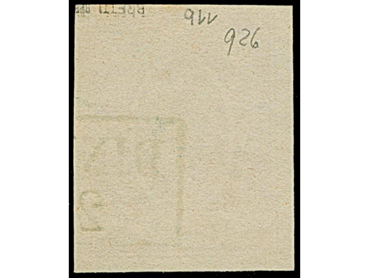 ½ Gr. orangebraun, farbfrisch und allseits breitrandig mit blauem Teilstempel “DIN(KLAGE) 2…”, in tadelloser Erhaltung, signi