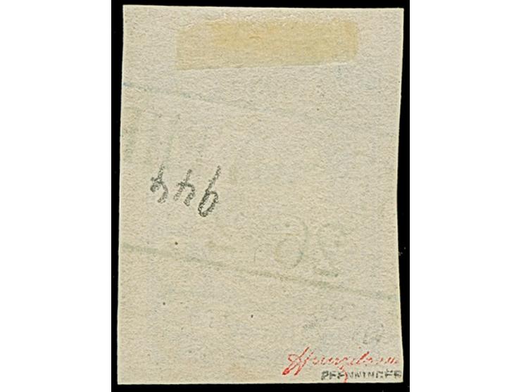 1 Gr. dunkelkobaltblau, allseits sehr breitrandig mit 4 mm Bogenrand oben, mit blauem Rahmenstempel “(F)RIESOYTHE 26…”, in ta