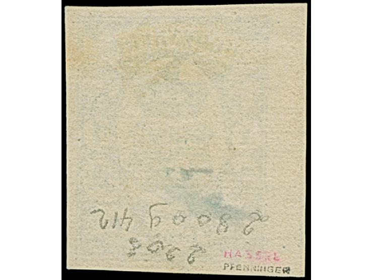 1 Gr. kobaltblau mit Plattenfehler “rechte Wertziffer 1 oben spitz und Farbfleck in der linken unteren Bogenecke” , mit blaue