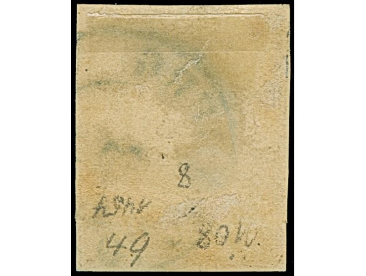 3 Gr. zitronengelb mit Plattenfehler “linke Wertziffer 8 statt 3”, sauber mit blauem DKr. “OLDENBURG 3…” entwertet. Die farbf