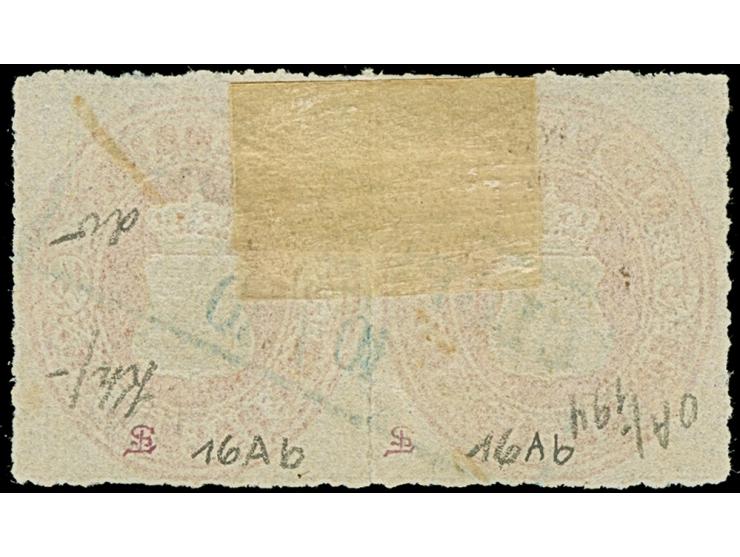 ½ Gr. dunkelrotorange mit Durchstich 11¾ im waagerechten Paar mit blauem Rahmenstempel “CLOPPENBURG 10.10.”. Das farbfrische 