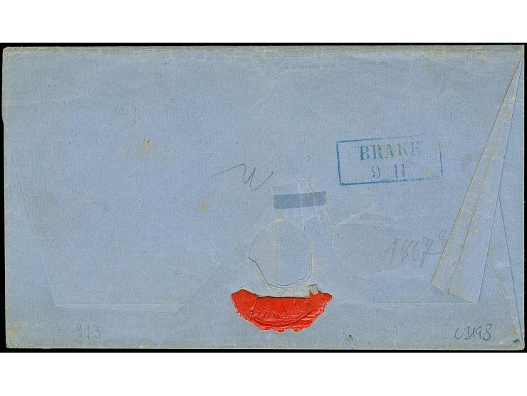 1 Gr. karmin mit Durchstich 10, zwei Einzelmarken mit schwarzem Rahmenstempel “BREMEN 8.11.” als tarifgerechte Mehrfachfranka