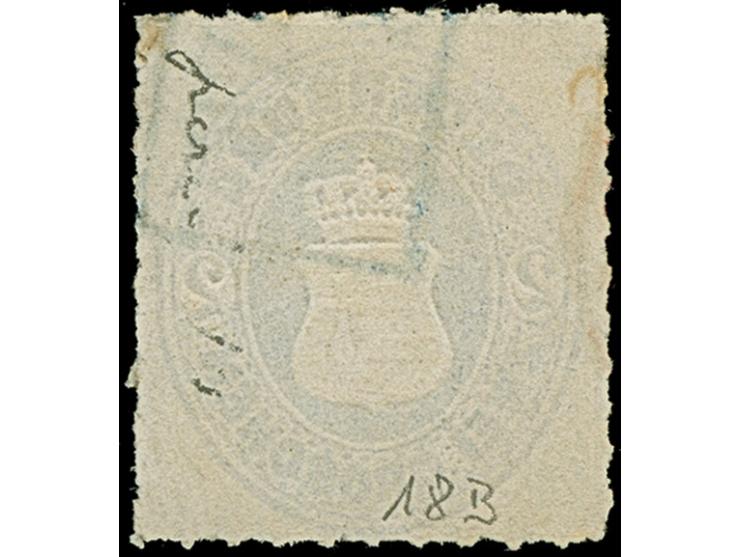 2 Gr. blau mit Durchstich 10, farbfrisch mit blauem Rahmenstempel “(BURH)AVE…6.” und kleinem Teil eines roten Transitstempels