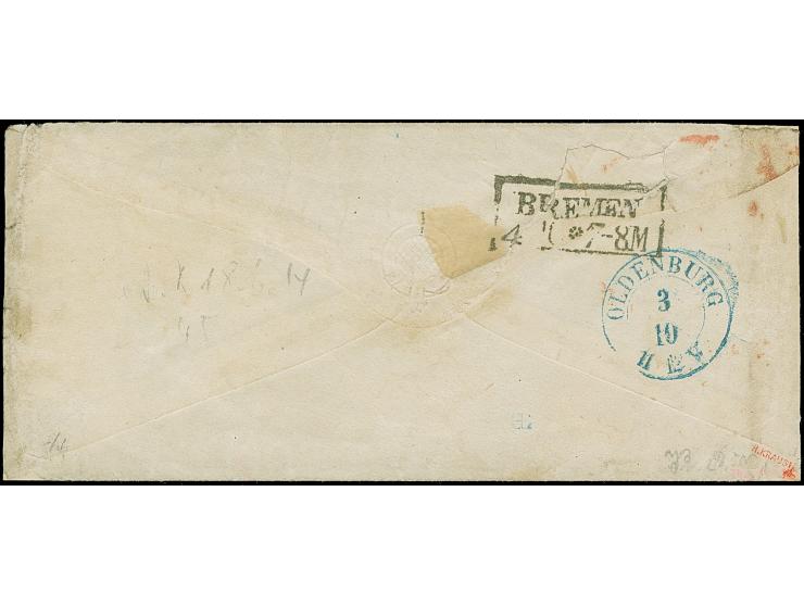 ½ Gr. rotorange, 2 Gr. blau und 3 Gr. braun je mit Durchstich 11¾ und blauem Rahmenstempel “BRAKE 3.10.” als tarifgerechte Fr