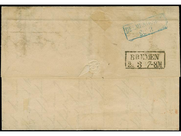 “ELSFLETH 19.3.(66)” blauer Rahmenstempel zweimal klar auf ½ Gr. rotorange, 2 Gr. blau und 3 Gr. braun als tarifgerechte Fran