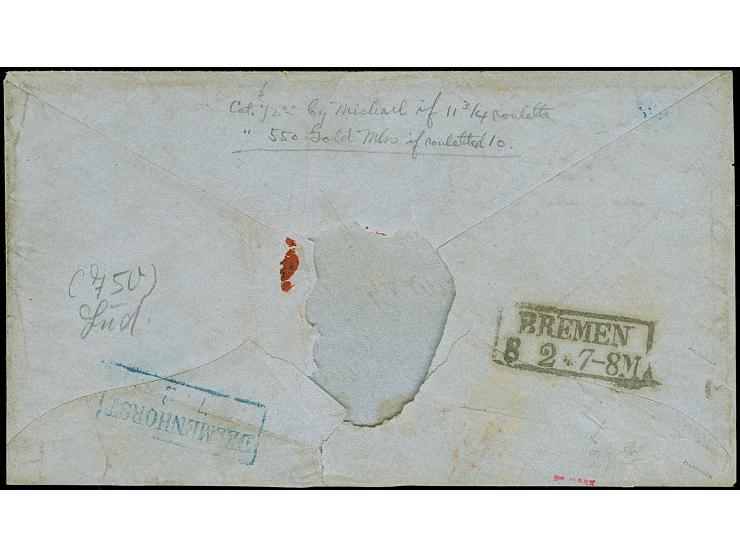 ½ Gr. rötlichorange, 2 Gr. ultramarin und 3 Gr. ockerbraun je mit Durchstich 11¾ und blauem Rahmenstempel “WILDESHAUSEN 7.2."