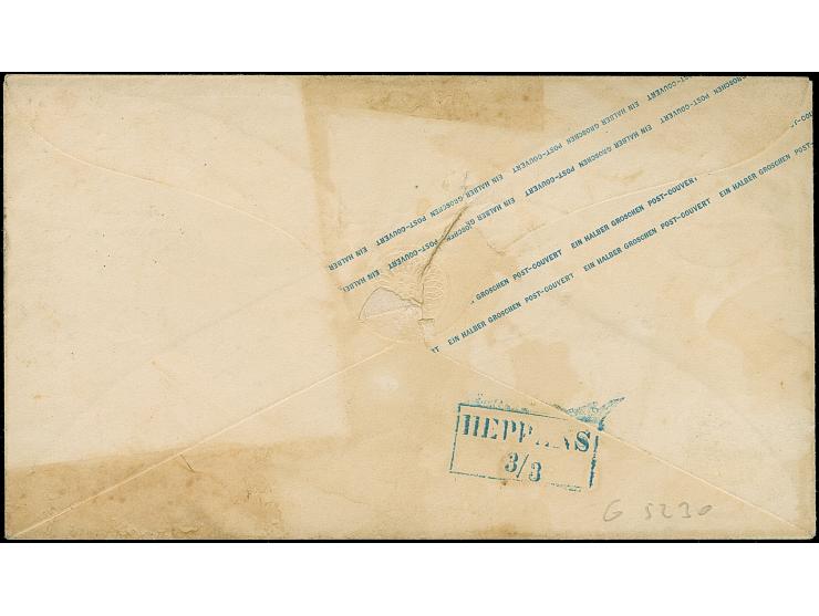 1861/62, Umschlag ½ Gr. dunkelbraun mit tarifgerechter Zufrankatur Ausgabe 1862 ½ Gr. orange mit Durchstich 11¾ und blauem Ra