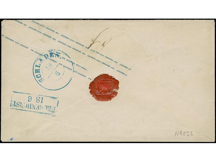 1 Gr. Umschlag 1 Gr. rosa mit tarifgerechter Zufrankatur 2 Gr. lebhaftgrauultramarin mit Durchstich 11¾ und mit blauem, überg