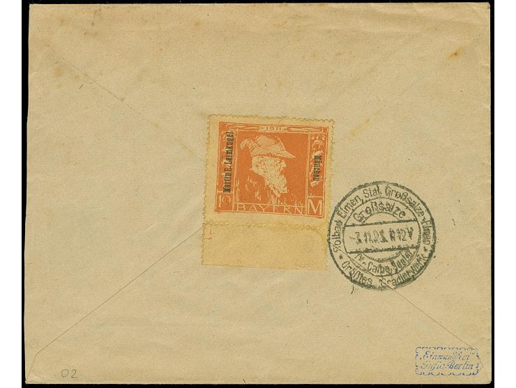 Korbedeckel 100 Mio. M. im senkrechten Paar sowie Einzelmarken 30 und 10 Mio. M. gezähnt je mit Stempel “MÜNCHEN 20 2.11.23” 