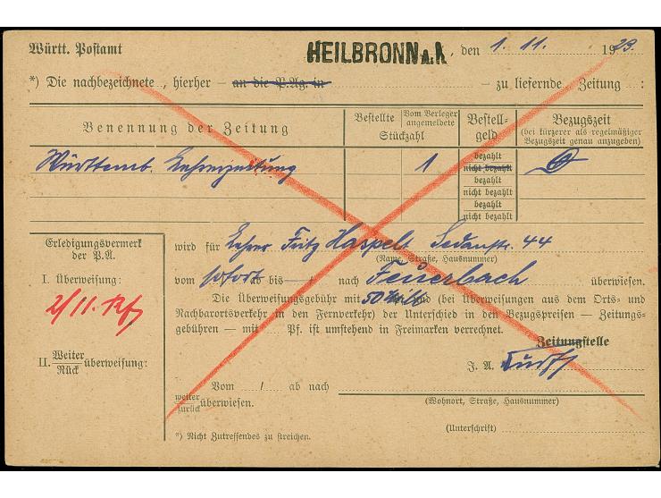 Korbdeckel 50 Mio. M. gezähnt mit Stempel “HEILBRONN 1.NOV.23” als tarifgerechte Einzelfrankatur auf Postsachen-Vordruckkarte