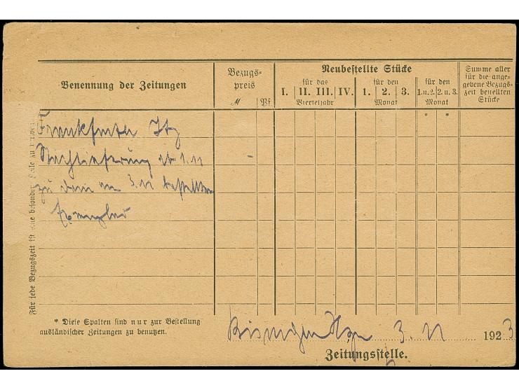 Korbedeckel 5 und 20 Mio. M. gezähnt je mit Stempel “BISINGEN 3.11.23” als tarifgerechte Frankatur auf Postsachen-Vordruckkar