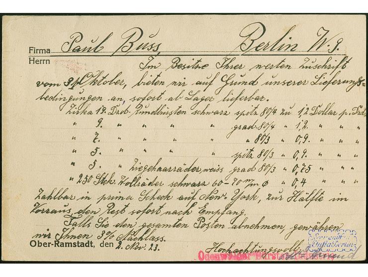 1923, Gebürenzettel mit rotviolettem Ein.-Nachweis-Stempel und handschriftliche Wertangabe “40 Million” mit übergehendem Stem