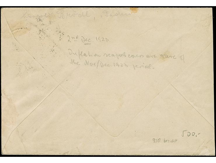 Korbdeckel 20 Mrd. M. gezähnt im Viererblock mit Schiffspost-Stempel “DSP LINIE HAMBURG-SÜDAMERIKA XXXI 2.12.23” auf Brief im