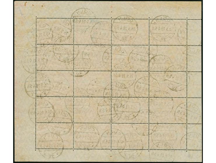 1 M. dunkelkarminrot gez. 26:17, kpl. Bogen mit 20 Werten und Platten-Nummer "5" im Unterrand, sauber entwertet "CÖLN 15.5.19